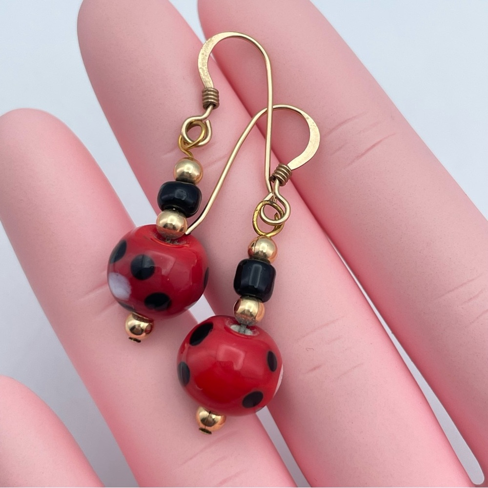 Handmade Ladybug Dangle Earrings – Red & Black Glass Beads, Gold Hooks - Picture 4 of 5